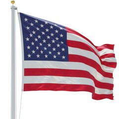Fototapeta premium American flag waving on flagpole isolated on white background