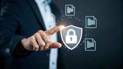 Secure Data Protection Concept: Man Interacting with Digital Shield and Document Icons for Confidentiality and Privacy.