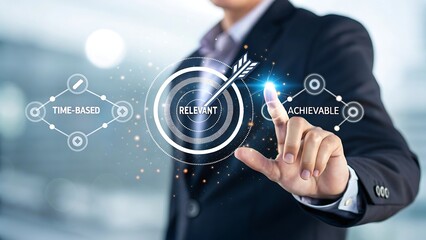 Setting Goals: Time-Based, Relevant, and Achievable Strategy with a Man Touching a Futuristic Interface for Clear Objectives.