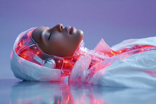 Futuristic woman wearing brainwave scanning device sleeping peacefully - Powered by Adobe