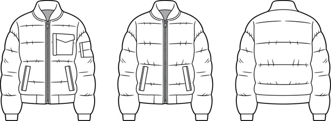 Puffer bomber jacket technical flat sketch, fashion cad drawing, front back side view, winter coat design, vector template