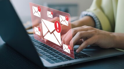 Urgent Email Alerts: Woman Working on Laptop, Cybersecurity Threat