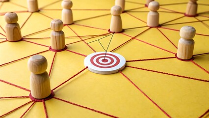 Wooden Figures Connected by Red Threads to a Target, Representing Teamwork and Achieving Common Goals Together.
