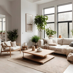 Fototapeta premium Bright Scandinavian Living Room: Sunlit living space in a Scandinavian design, neutral color palette, features potted plants, minimalistic furniture, and geometric wooden coffee table.