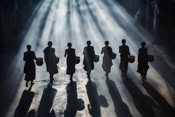 A procession of Buddhist monks walking through a village, holding alms bowls in morning light,
