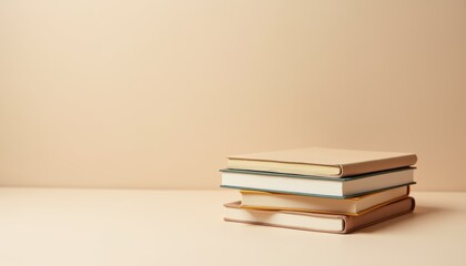 Fototapeta premium Stacked Neutral Colored Journals on Minimalist Table Surface with Soft Background