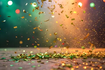 vibrant burst of golden confetti falling over dark stage illuminated by dramatic spotlights