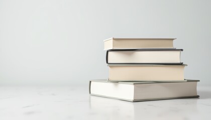 Stack of four books on a light surface with soft shadows and minimalist background aesthetic