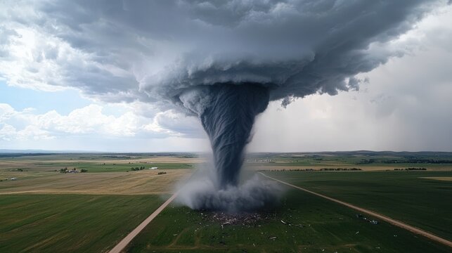 A powerful tornado touching down in a vast open field, surrounded by swirling debris, - Powered by Adobe