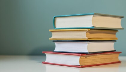 Fototapeta premium A Stack of Colorful Books with Clean Spines on a Table Against a Soft Blue Background