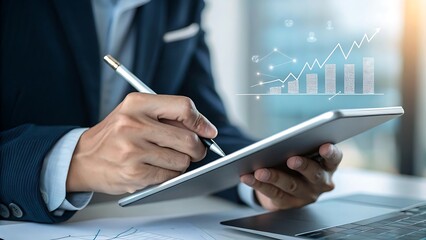Analyzing data on a tablet with a rising graph, symbolizing business growth and success in the digital workspace.