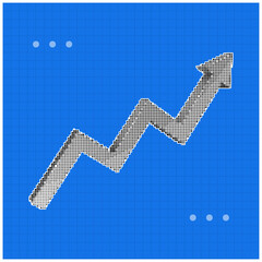 A pixelated arrow chart shows upward growth on a blue grid background