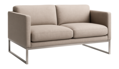 Simple low sofa with a metal frame and neutral fabric, ideal for a studio apartment.