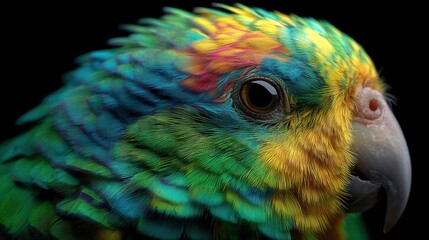 A vibrant parrot displays its colorful feathers in a close-up, highlighting the intricate detail of its plumage with vivid green, yellow, and blue hues.