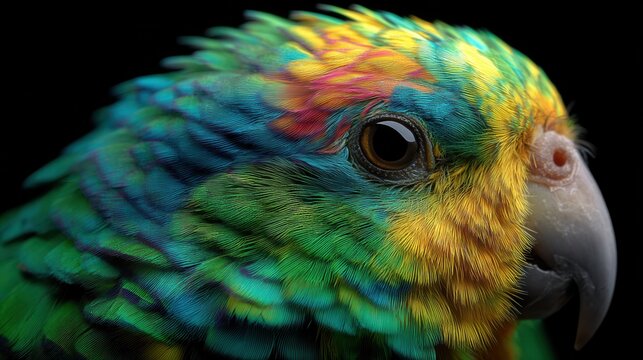 A vibrant parrot displays its colorful feathers in a close-up, highlighting the intricate detail of its plumage with vivid green, yellow, and blue hues.