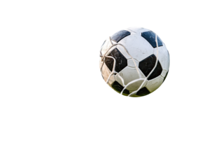 Soccer ball in mid-air, black and white panels, slightly worn, against a black background