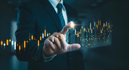 Interactive Holographic Data Analysis Businessman Analyzing Financial Market Trends with Futuristic Technology
