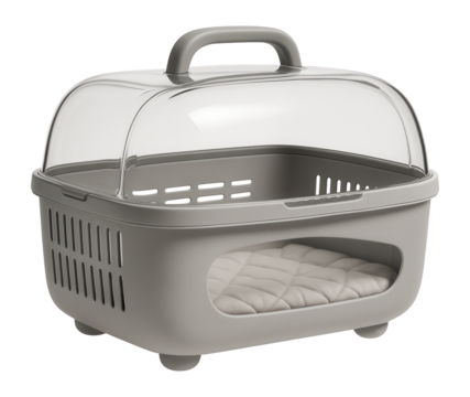 Plastic carrier with a see-through lid, perfect for reassuring pets during travel in a city apartment.
