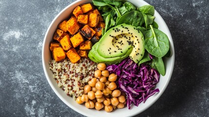 Overhead shot of vibrant vegan Buddha bowl filled with quinoa