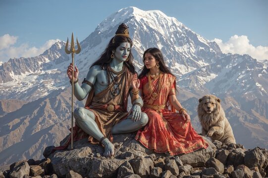 Lord Shiva and Parvati Meditating in Mountains &ndash; Serene Divine Couple in Spiritual Indian Landscape

