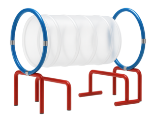 An obstacle course play tunnel with hurdles and hoops, ideal for a school's physical education class.