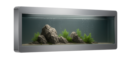 Wall-mounted aquarium with a thin, elongated design, suitable for a modern apartment.