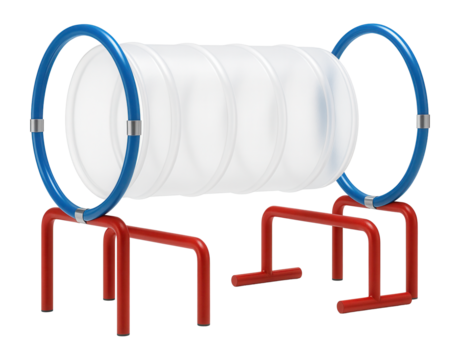 An obstacle course play tunnel with hurdles and hoops, ideal for a school's physical education class.