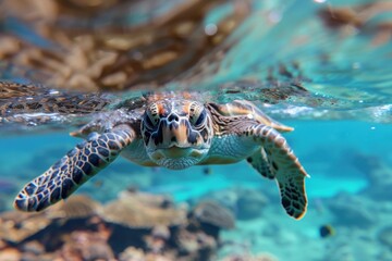 Underwater realm, majestic sea turtle gliding through crystalline depths