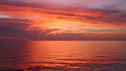 Obraz premium Fiery Hues of a Calm Ocean Sunset with Dramatic Clouds Reflecting in the Water