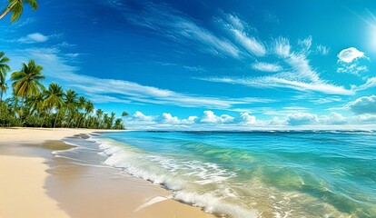 Stunning Tropical Beach Paradise Azure Waters, White Sands, and Lush Palm Trees