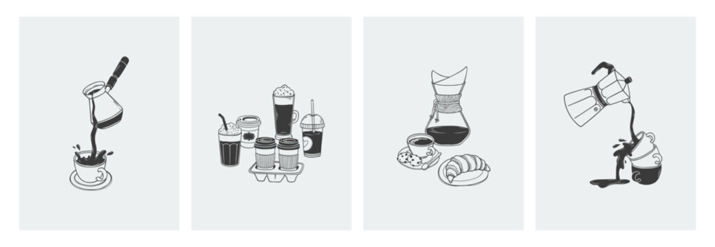 Hand drawn outline posters set of coffee break. Doodle illustrations with cups and glasses, coffee maker, chemex, turk in sketch style. Vintage design for coffee house wall art, menu, cafes, print