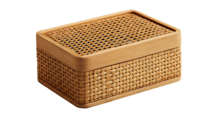 Natural woven rattan bamboo storage basket with lattice lid, traditional basket weave pattern for home organization isolated on transparent background.