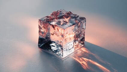 Transparent ice cube, lit from within, casts a warm shadow