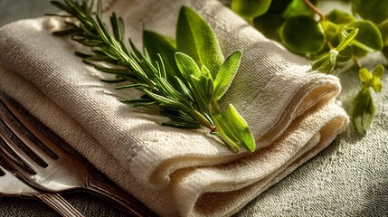 Flat lay of folded cream napkin, fresh herbs, and linen runner under midday sun