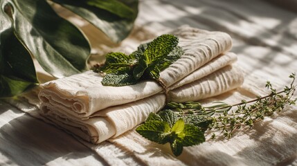 Flat lay of folded cream napkin, fresh herbs, and linen runner under midday sun