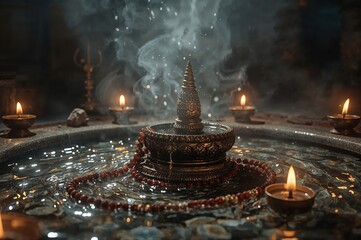 Glowing Golden Idol of Shiva with Trident Surrounded by Candle Light Reflections

