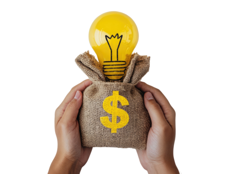 Hands hold a burlap money bag with a yellow lightbulb inside
