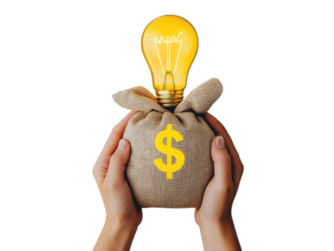 Hands hold burlap sack with glowing lightbulb, dollar sign