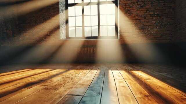 Sunlight streaming through a rustic window, illuminating wooden floorboards in an empty room