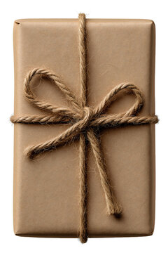 Sustainable wrapped parcel gift, brown paper, jute string, transparent png.