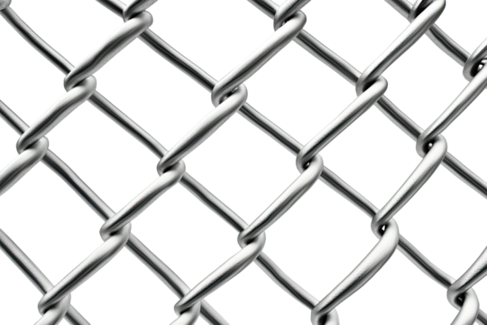 Close-up view of a chain-link fence.  Intertwined metal wires form a diamond pattern