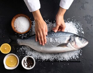 Chef Preparing Fresh Sea Bass with Salt and Lemon