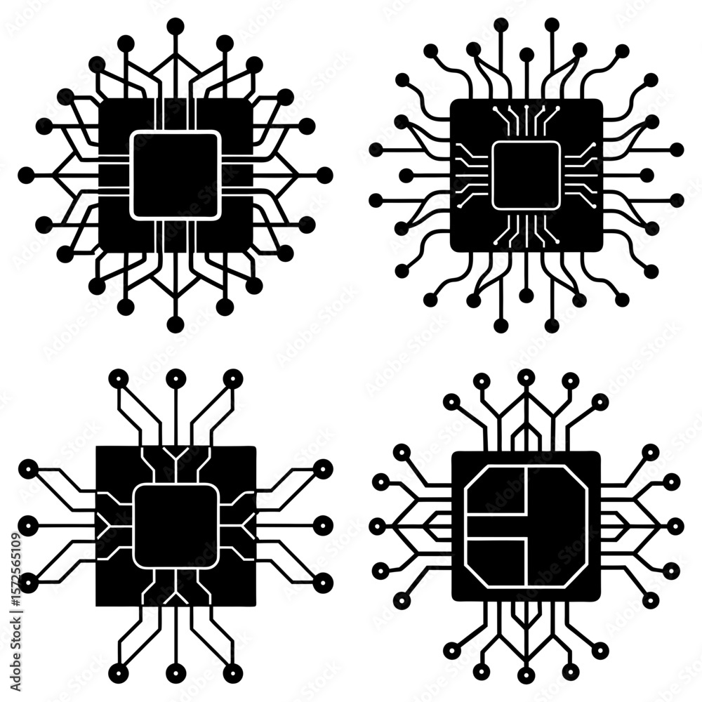 Poster four square shaped black computer chips with connecting lines and small circles arranged symmetrical