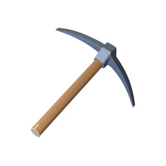 Isometric Pickaxe Icon: Mining Tool with Wooden Handle and Sharp Metal Head.
