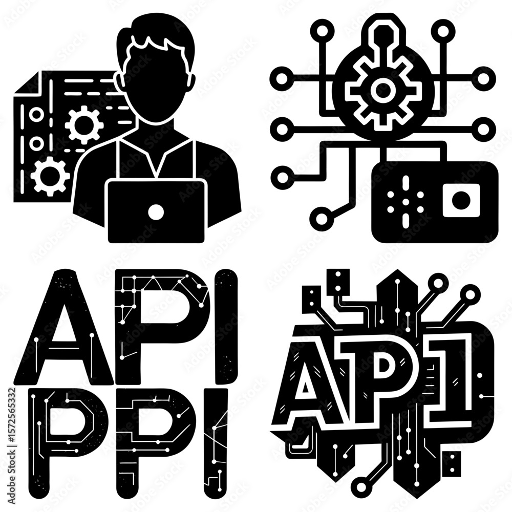 Poster illustration showing a developer with code, circuits, and api text in a black and white design