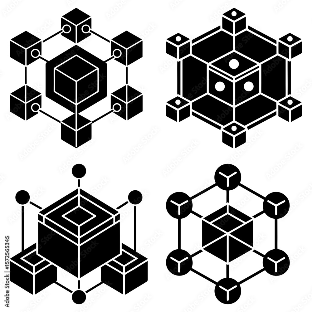 Poster Four isometric cube structures connected by lines and circles in a geometric arrangement display