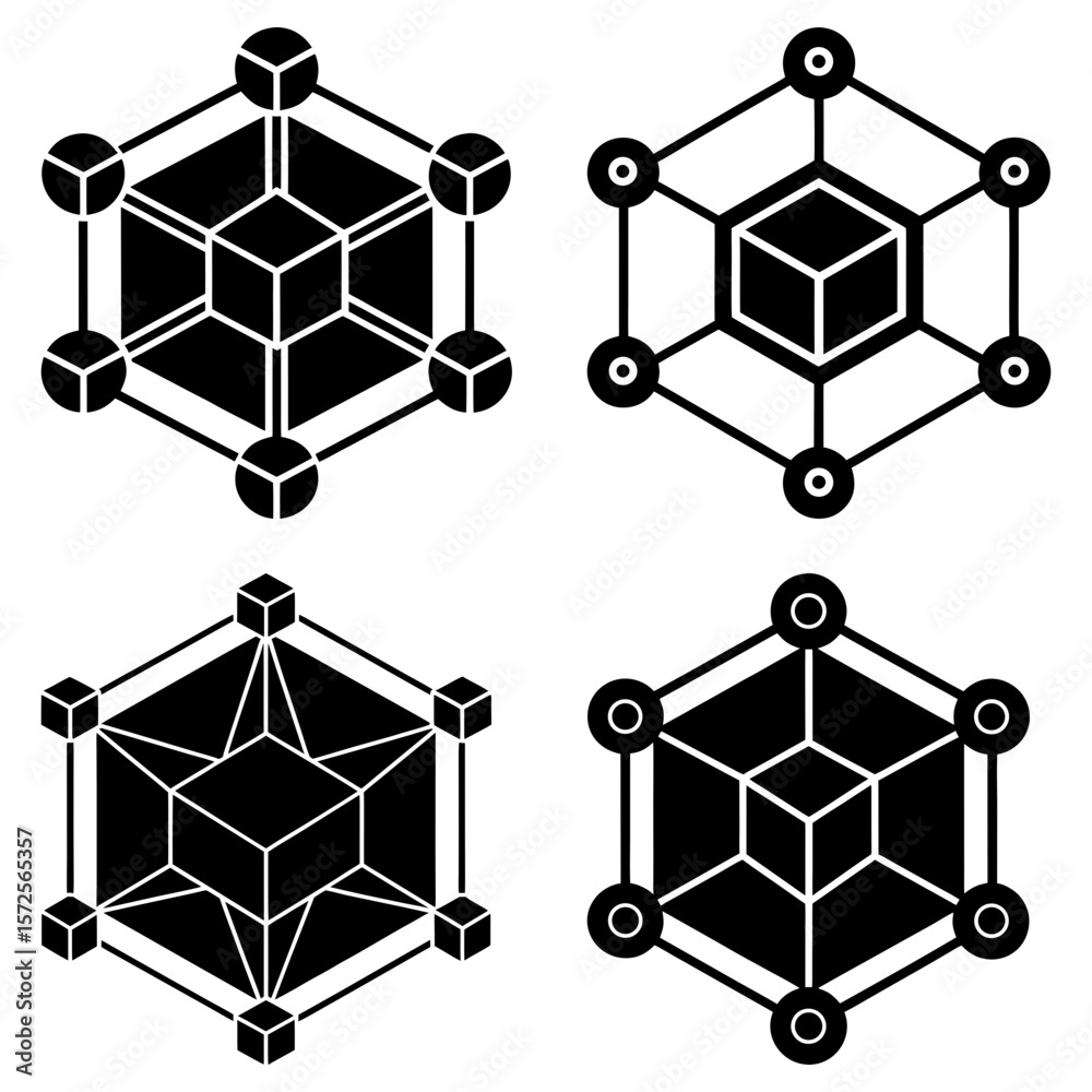 Poster four variations of cube structures connected by lines and circles in a geometric arrangement