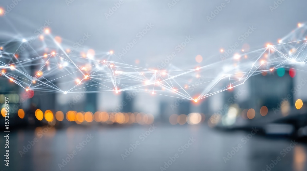 Poster city connectivity: a modern city skyline pulsates with interconnected nodes and luminous lines, symb