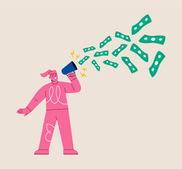 Woman talk on megaphone money banknotes. Advertising or savings concept. Colorful vector illustration