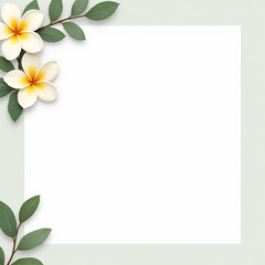 Minimal watercolor frame with two plumeria flowers and green leaves in the top left corner on white background. copy space. Tropical branding, packaging, invitations, or summer-themed stationery.